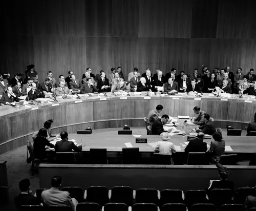 The Atomic Energy Commission of the United Nations meets on June 14, 1946.