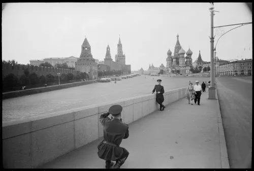 Soviet soldier taking a photograph of another soldier in Red Square, Moscow, 1959
