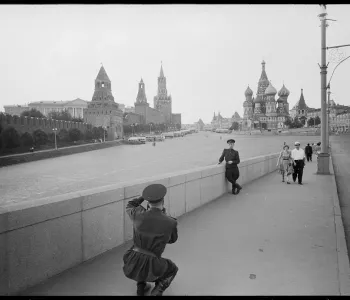 Soviet soldier taking a photograph of another soldier in Red Square, Moscow, 1959